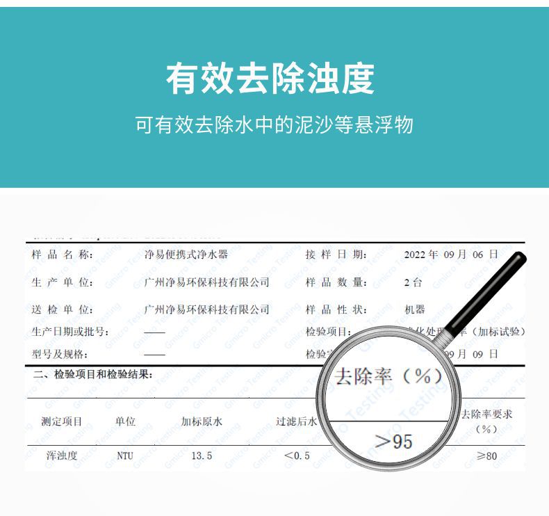 凈易車載野外便攜式應(yīng)急凈水箱去除濁度檢測(cè)報(bào)告